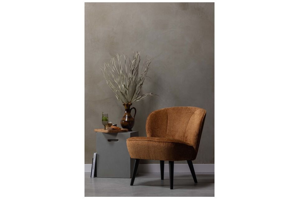 Fauteuil Sara, bruin fluweel en berkenhout, comfortabel en discreet