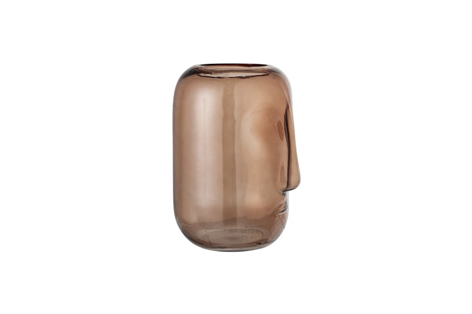 Deze bruine vaas vertegenwoordigt een gezicht dat op een zeer moderne manier geherinterpreteerd