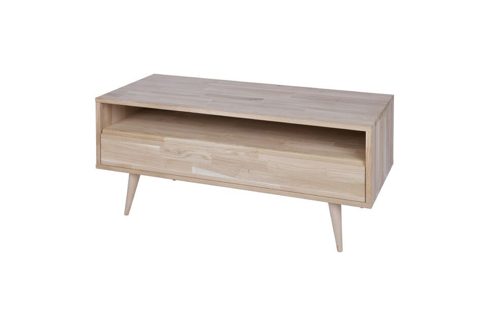 Met zijn ontwerp uit de jaren 60 en onbehandeld hout brengt dit meubel een vleugje nostalgie in uw
