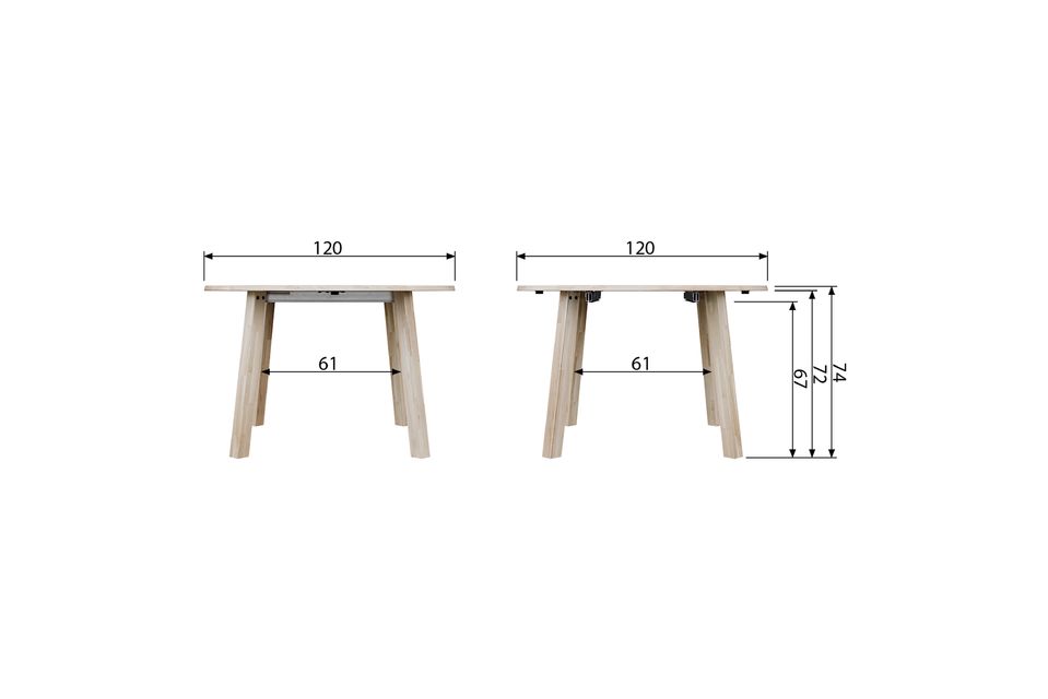 Het tafelblad is 24 mm dik en de totale hoogte van de tafel is 74,3 cm